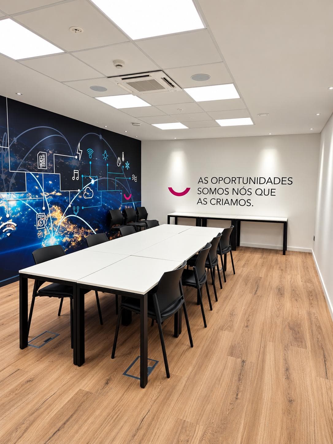 Sala de reuniões com mesa corrida, mural de rede global com ícones de tecnologia e a frase "As oportunidades somos nós que as criamos"